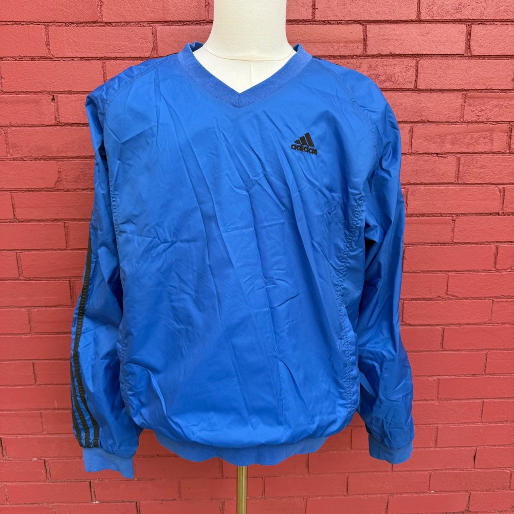 Vtg Adidas Team Pullover‎ Windbreaker Jacket Blue V Neck Three Stripe Mens Large